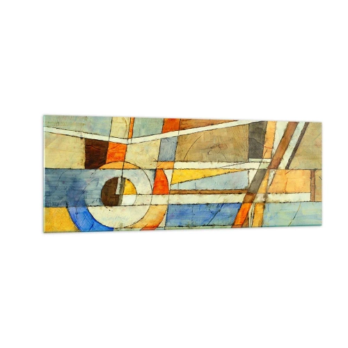 Cuadro sobre vidrio - Impresiones sobre Vidrio - Abstracción geométrica en tonos beige, azul y naranja. - 140x50cm - Cubismo en una obra - Decoración de pared moderna para salón y dormitorio ARTTOR