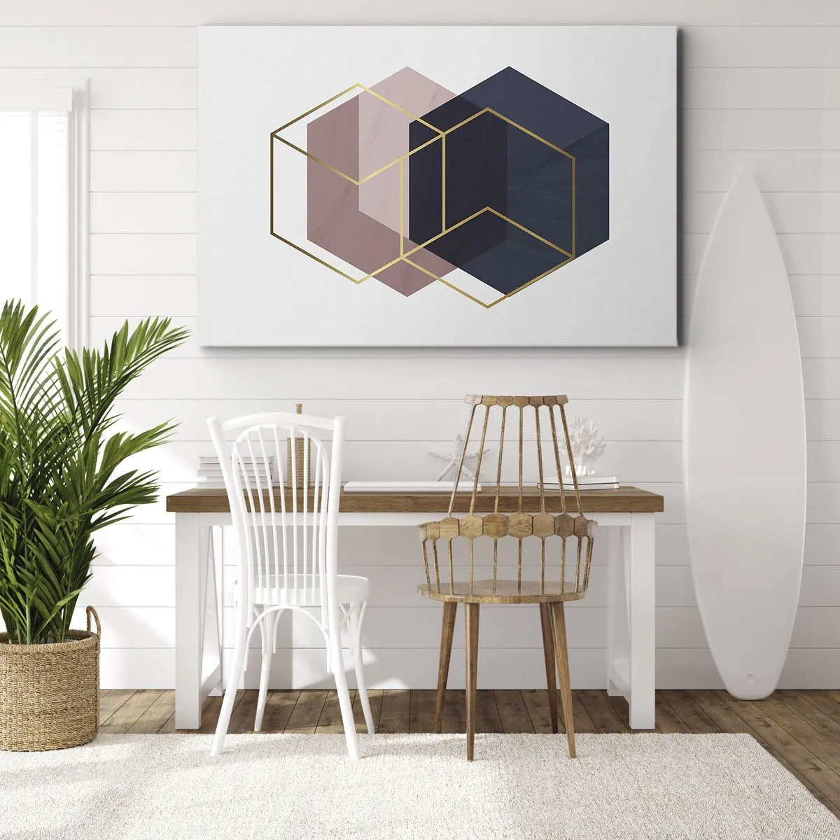 Cuadro sobre lienzo - Impresión de Imagen - Formas geométricas en líneas doradas sobre un fondo pastel. - 70x50cm - El poder de la sencillez - Decoración de pared moderna para salón y dormitorio ARTTOR