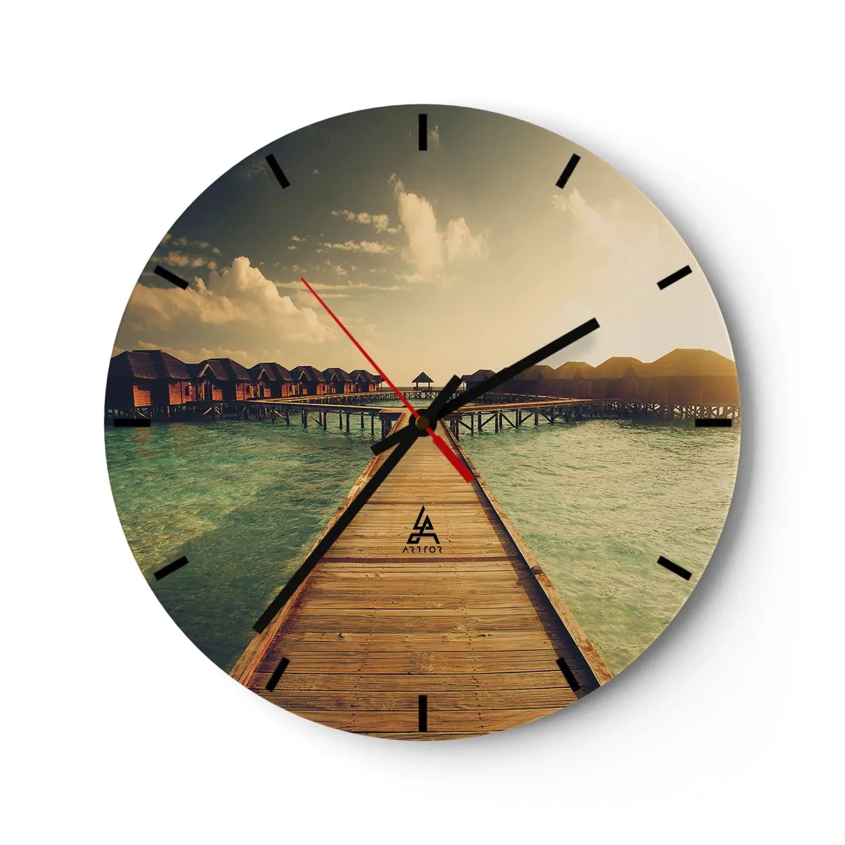 Reloj de pared - Reloj de vidrio - El embarcadero que conduce a las casas de agua a la luz del atardecer. - 30x30cm - Una cálida invitación - Decoración de pared moderna para salón, cocina y dormitorio ARTTOR