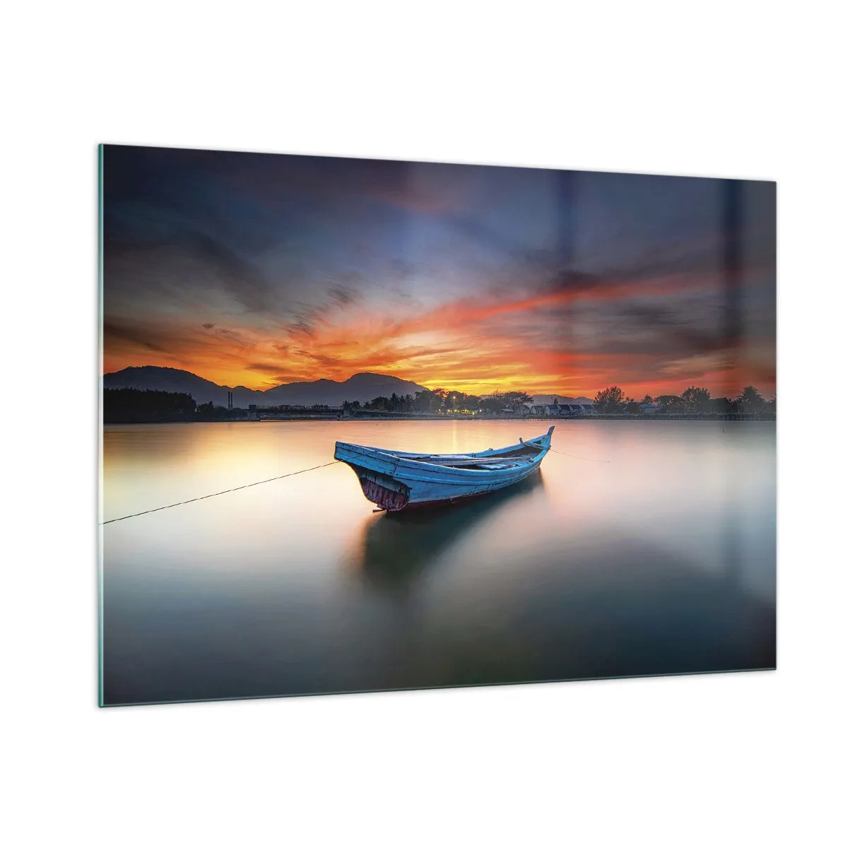 Cuadro sobre vidrio - Impresiones sobre Vidrio - Barco de madera en el lago al atardecer - 100x70cm - Se avecina una buena noche - Decoración de pared moderna para salón y dormitorio ARTTOR