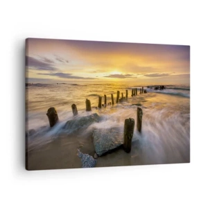 Cuadro sobre lienzo - Impresión de Imagen - Puesta de sol sobre el mar con los restos de un antiguo muelle - 70x50cm - La cruda belleza del Báltico - Decoración de pared moderna para salón y dormitorio ARTTOR
