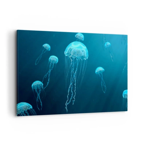 Cuadro sobre lienzo - Impresión de Imagen - Medusas flotando en las profundidades del océano en tonos azules. - 100x70cm - Danza oceánica - Decoración de pared moderna para salón y dormitorio ARTTOR