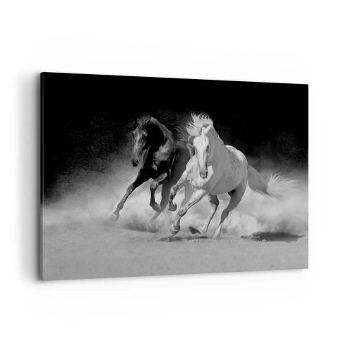 Cuadro sobre lienzo - Impresión de Imagen - Caballos corriendo en blanco y negro - 120x80cm - El galope de la libertad - Decoración de pared moderna para salón y dormitorio ARTTOR