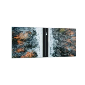 Cuadro sobre vidrio - Impresiones sobre Vidrio - Un camino a través de un bosque invernal visto a vista de pájaro - 120x50cm - Atravesar el bosque en invierno - Decoración de pared moderna para salón y dormitorio ARTTOR