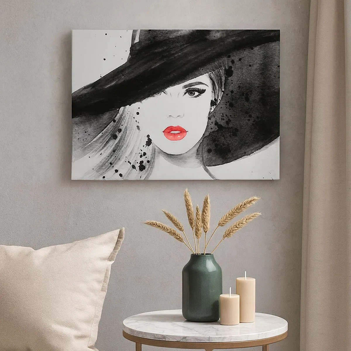 Cuadro sobre lienzo - Impresión de Imagen - Retrato de una mujer con sombrero y labios rojos. - 70x50cm - Dama de negro - Decoración de pared moderna para salón y dormitorio ARTTOR