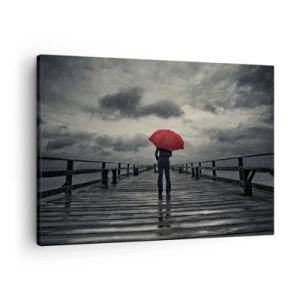 Cuadro sobre lienzo - Impresión de Imagen - Una persona con un paraguas rojo en un muelle lluvioso. - 70x50cm - No importa que llueva - Decoración de pared moderna para salón y dormitorio ARTTOR
