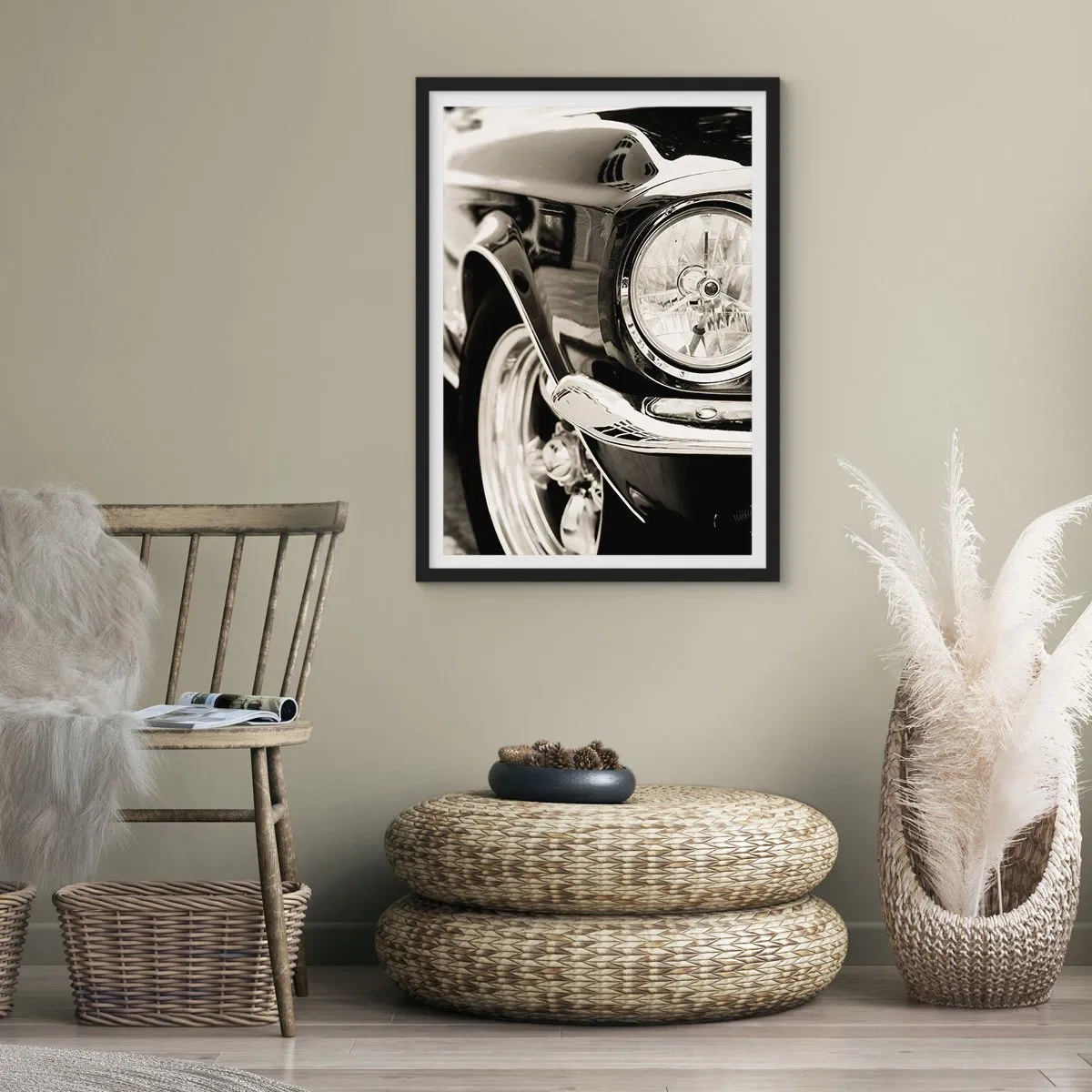 Póster en marco negro - Un primer plano en blanco y negro del faro de un coche clásico. - 50x70cm - Brillo perdurable - Decoración de pared moderna para salón y dormitorio ARTTOR
