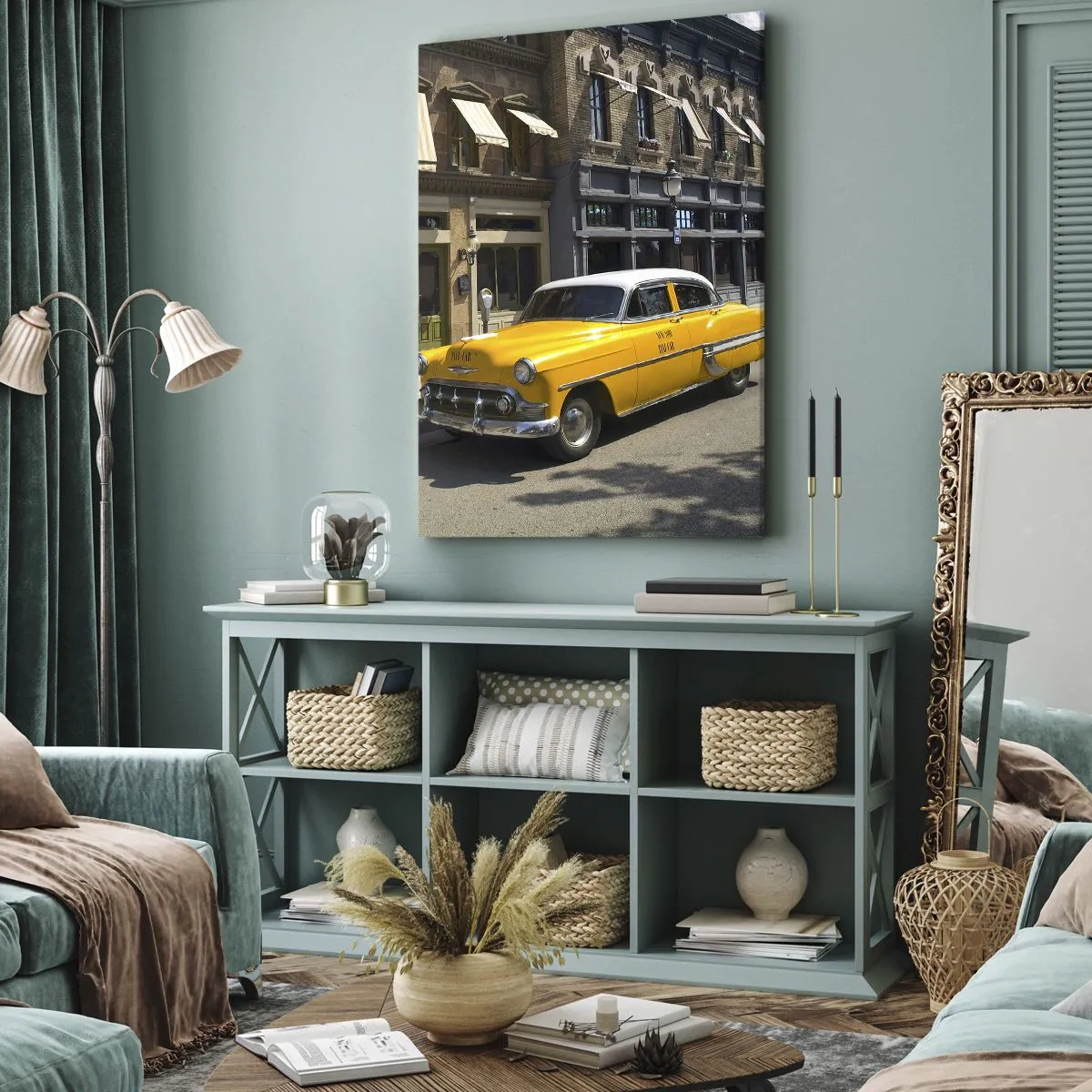 Cuadro sobre lienzo - Impresión de Imagen - Un taxi amarillo en una calle bordeada de casas de vecindad. - 50x70cm - Érase una vez en América - Decoración de pared moderna para salón y dormitorio ARTTOR