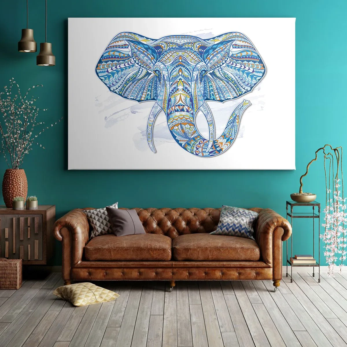 Cuadro sobre lienzo - Impresión de Imagen - Elefante geométrico en tonos azules y dorados. - 70x50cm - Con incrustaciones de oro y azul - Decoración de pared moderna para salón y dormitorio ARTTOR