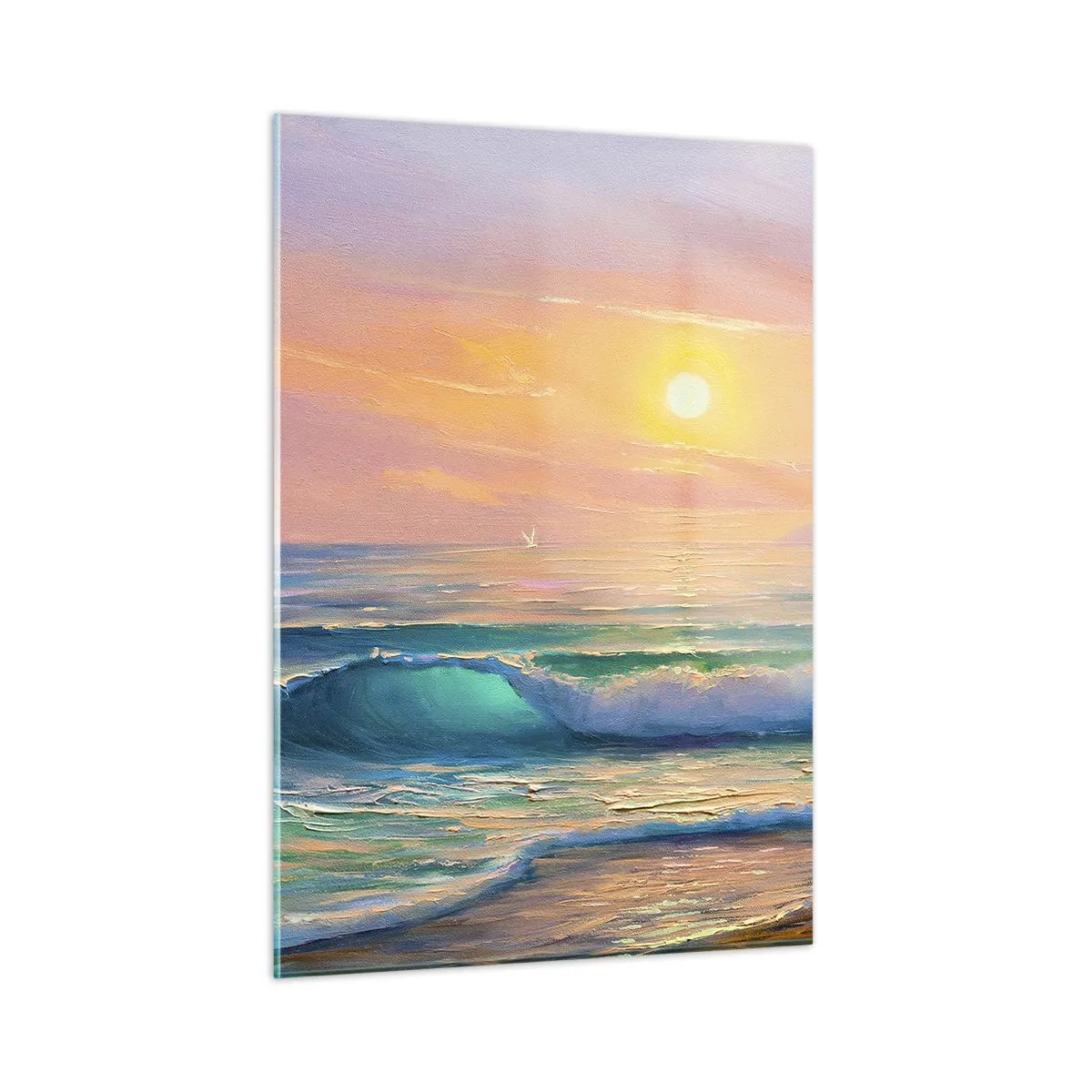 Cuadro sobre vidrio - Impresiones sobre Vidrio - Paisaje marino con olas y puesta de sol en tonos turquesas - 50x70cm - El canto turquesa de las olas - Decoración de pared moderna para salón y dormitorio ARTTOR
