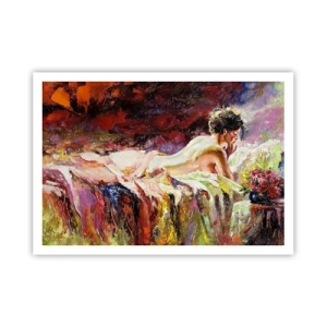 Póster - Una mujer acostada en una cama sobre un fondo de colores abstractos. - 100x70cm - Una Venus reflexiva - Decoración de pared moderna para salón y dormitorio ARTTOR