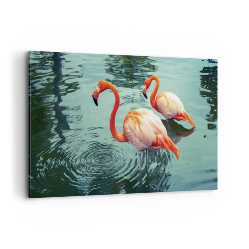 Cuadro sobre lienzo - Impresión de Imagen - Dos flamencos en el agua tranquila reflejando su entorno. - 120x80cm - Estamos de moda - Decoración de pared moderna para salón y dormitorio ARTTOR