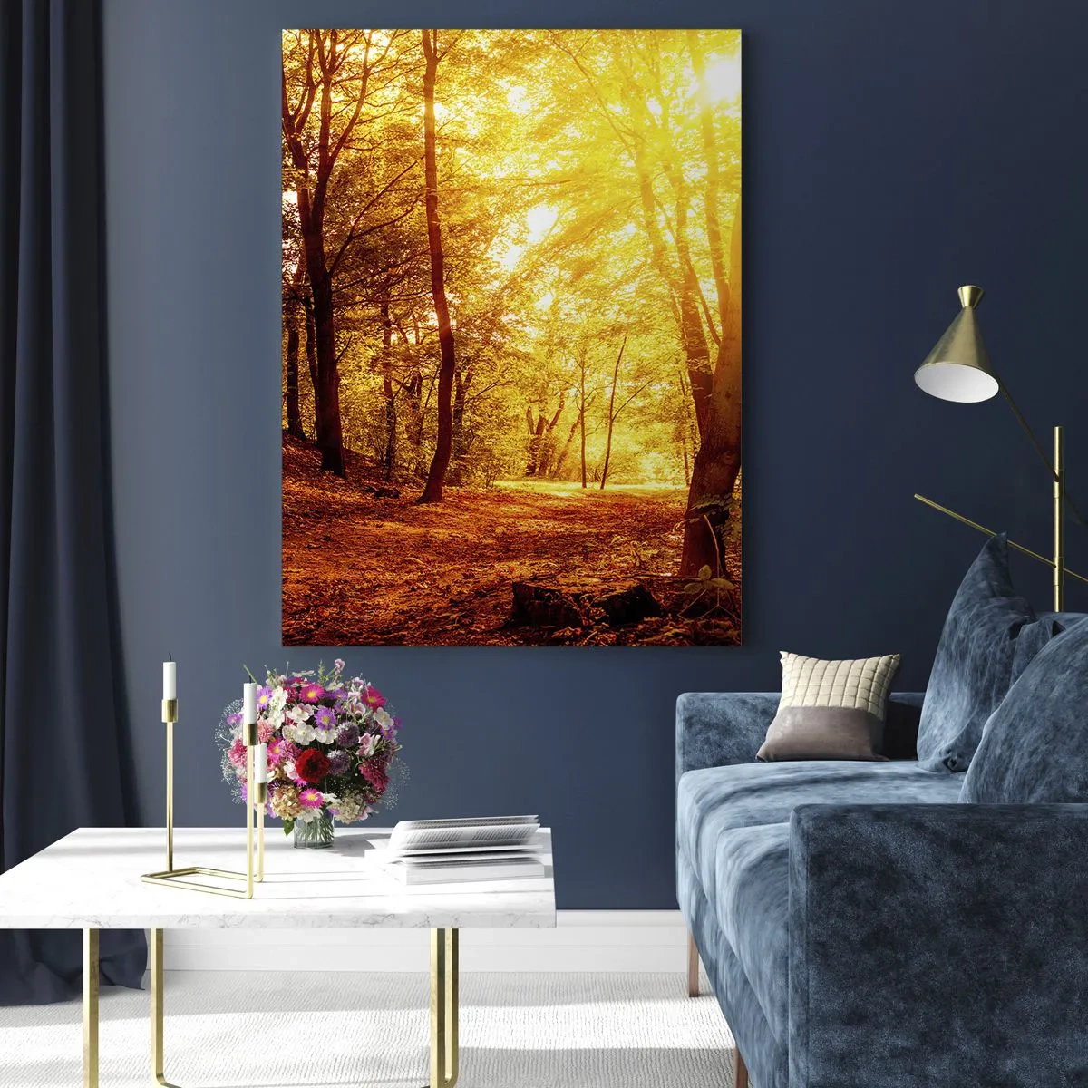 Cuadro sobre vidrio - Impresiones sobre Vidrio - Bosque otoñal iluminado por el cálido resplandor del sol. - 50x70cm - Hacia un claro de oro - Decoración de pared moderna para salón y dormitorio ARTTOR