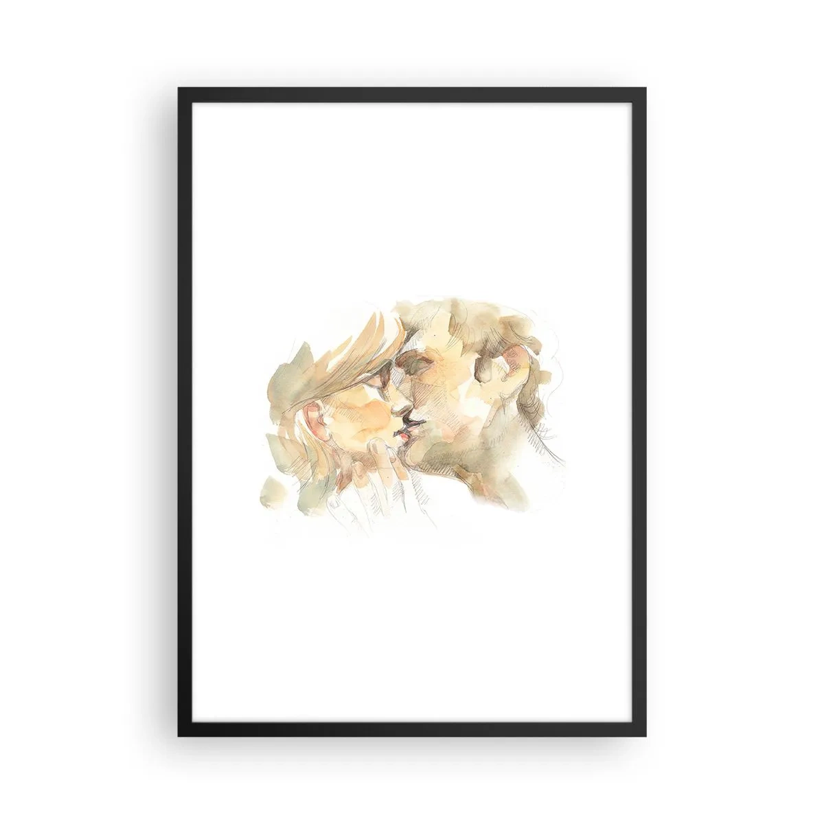 Póster en marco negro - Un delicado retrato en acuarela de una pareja en un tierno beso. - 50x70cm - ¿La media naranja encontrada? - Decoración de pared moderna para salón y dormitorio ARTTOR