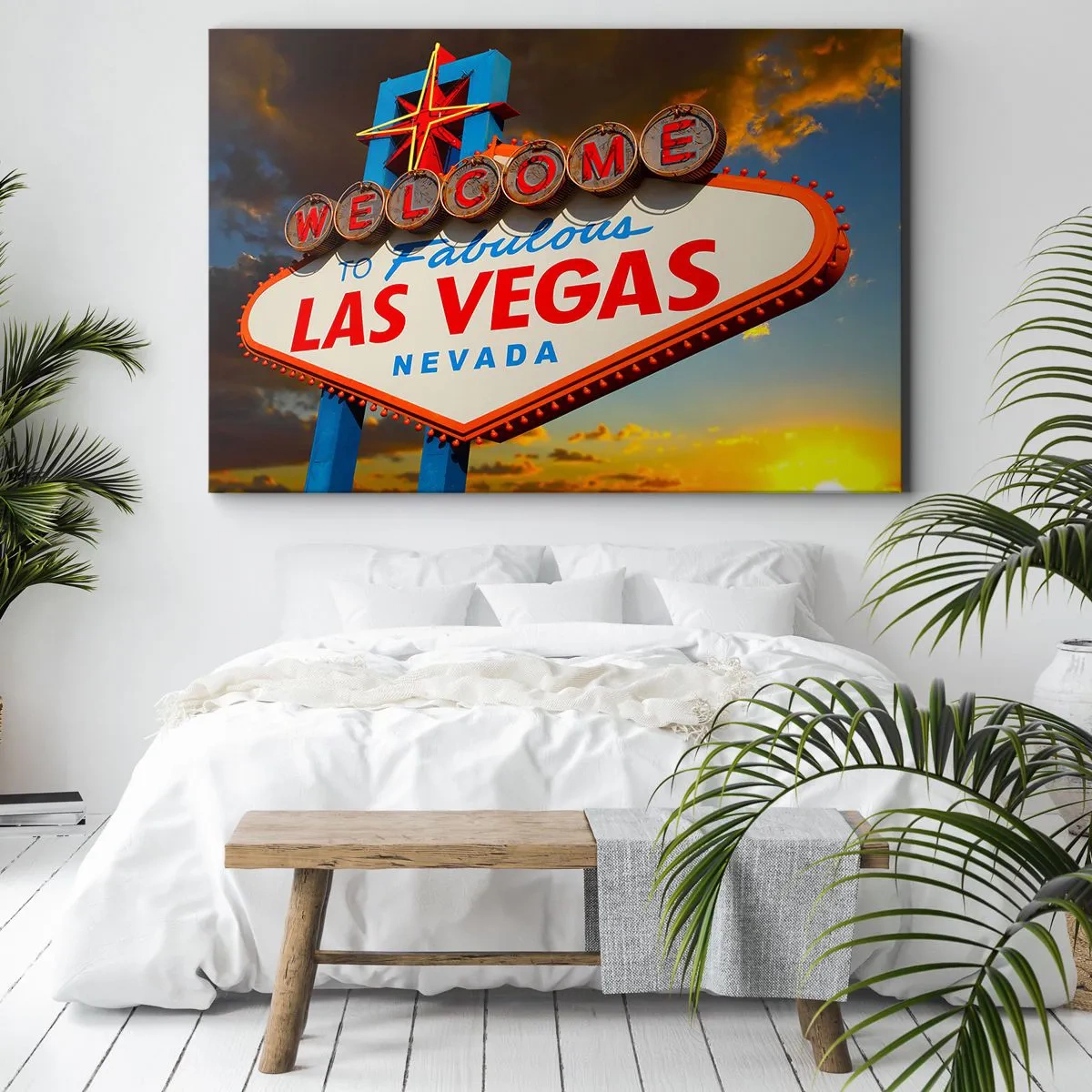 Cuadro sobre lienzo - Impresión de Imagen - El famoso cartel de Bienvenido a la fabulosa Las Vegas al atardecer - 100x70cm - Por la sonrisa del destino - Decoración de pared moderna para salón y dormitorio ARTTOR