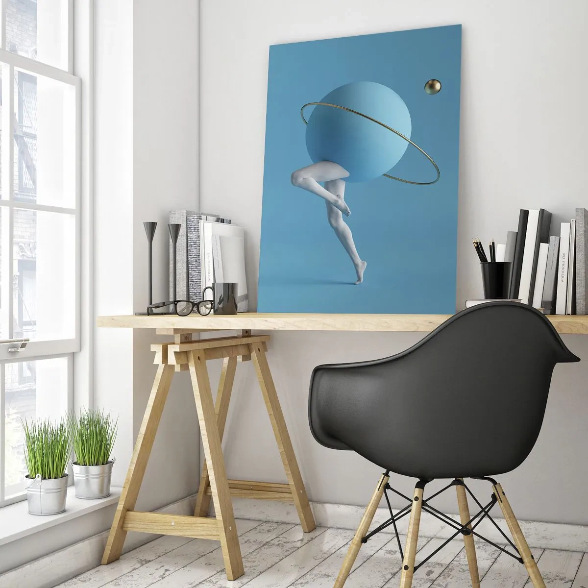 Cuadro sobre vidrio - Impresiones sobre Vidrio - Una esfera azul con una órbita y piernas humanas contra el cielo. - 80x120cm - Y los planetas se vuelven locos - Decoración de pared moderna para salón y dormitorio ARTTOR