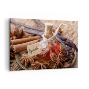 Cuadro sobre lienzo - Impresión de Imagen - Una botella de aceite de especias en una bandeja. - 120x80cm - Hacia la unidad del cuerpo y el espíritu - Decoración de pared moderna para salón y dormitorio ARTTOR