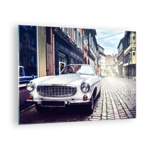 Cuadro sobre vidrio - Impresiones sobre Vidrio - Un coche clásico blanco con un fondo de edificios históricos. - 70x50cm - El pasado está aquí - Decoración de pared moderna para salón y dormitorio ARTTOR