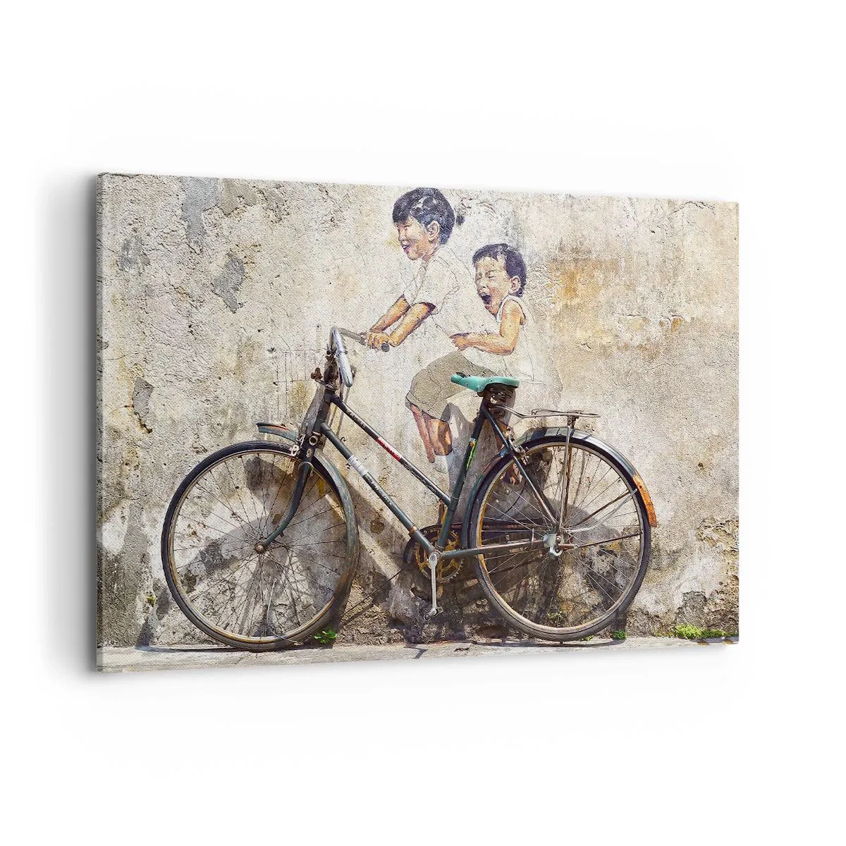 Cuadro sobre lienzo - Impresión de Imagen - Arte callejero con una bicicleta y dibujos infantiles en la pared. - 120x80cm - ¿Verdadero o falso? - Decoración de pared moderna para salón y dormitorio ARTTOR