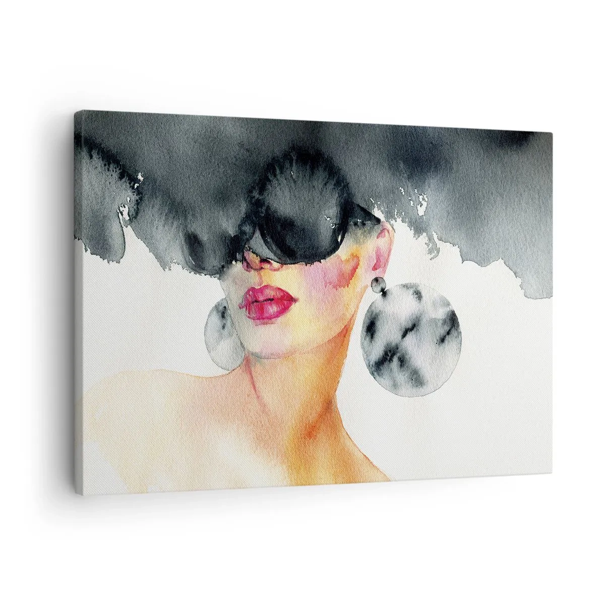 Cuadro sobre lienzo - Impresión de Imagen - Una mujer con gafas elegantes y pendientes grandes. - 70x50cm - El secreto de la elegancia - Decoración de pared moderna para salón y dormitorio ARTTOR