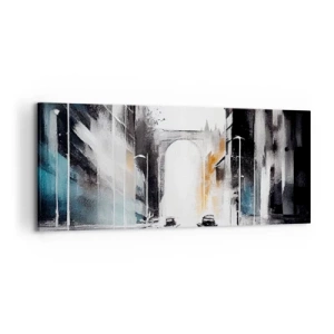 Cuadro sobre lienzo - Impresión de Imagen - Panorama abstracto de la ciudad con un puente arqueado - 120x50cm - Estudio de la ciudad: arquitectura y movimiento - Decoración de pared moderna para salón y dormitorio ARTTOR