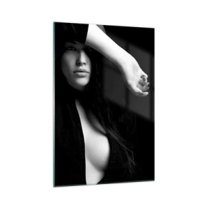 Cuadro sobre vidrio - Impresiones sobre Vidrio - Retrato elegante de una mujer en blanco y negro. - 70x100cm - Escuela de seducción - Decoración de pared moderna para salón y dormitorio ARTTOR