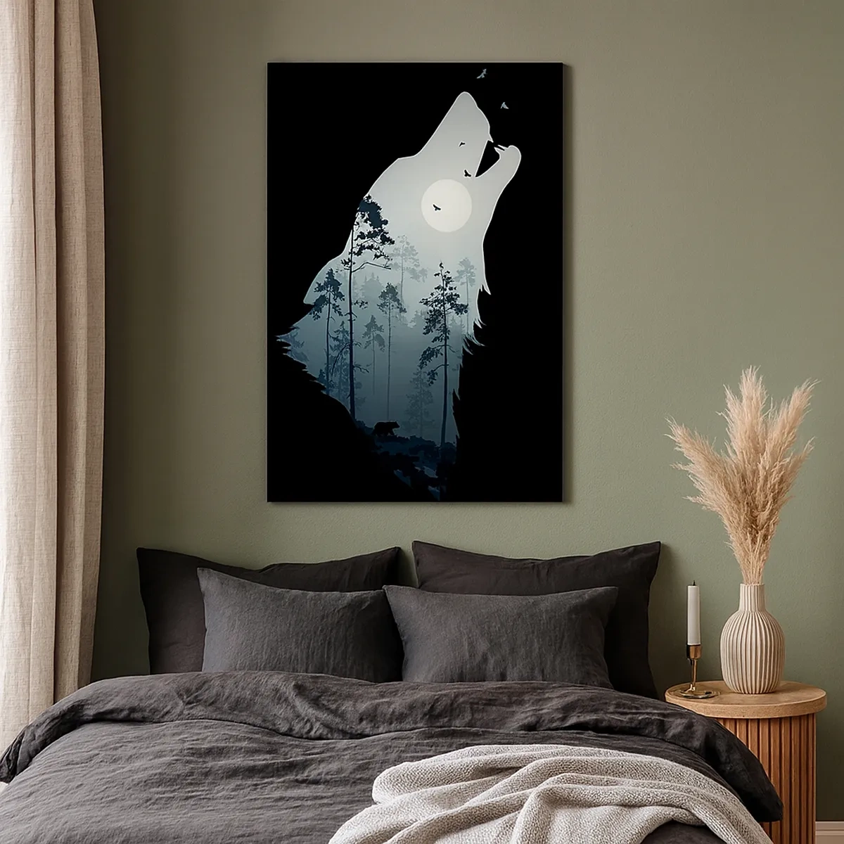 Cuadro sobre lienzo - Impresión de Imagen - Silueta de un lobo con un bosque y la luna al fondo - 50x70cm - Voz de la noche del bosque - Decoración de pared moderna para salón y dormitorio ARTTOR