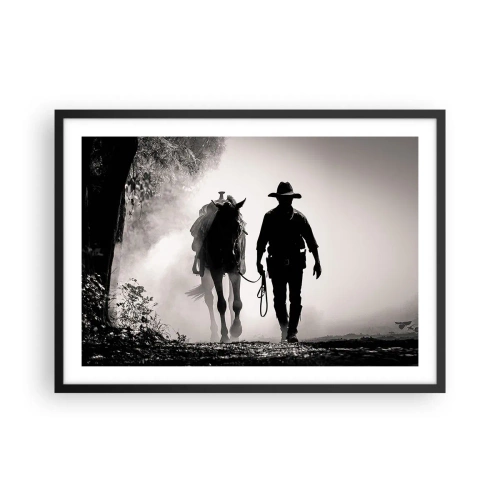 Póster en marco negro - Vaquero con caballo en la niebla de la mañana - 70x50cm - La mañana de Texas - Decoración de pared moderna para salón y dormitorio ARTTOR