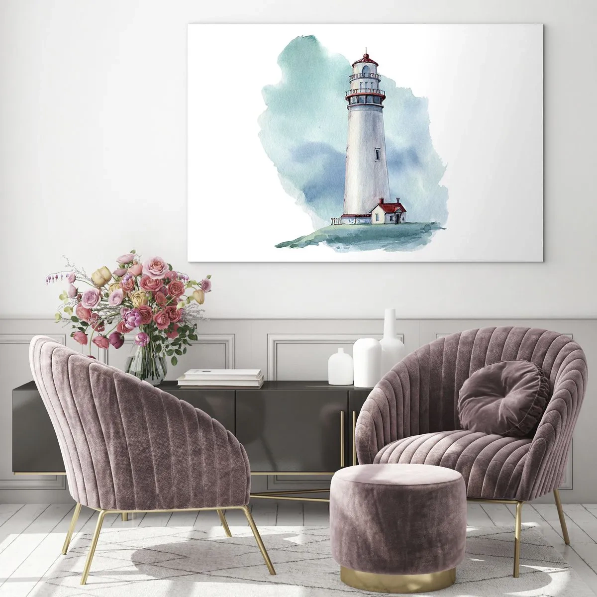 Cuadro sobre vidrio - Impresiones sobre Vidrio - Un faro contra un cielo azul de acuarela. - 100x70cm - Gentil hermana del azul - Decoración de pared moderna para salón y dormitorio ARTTOR