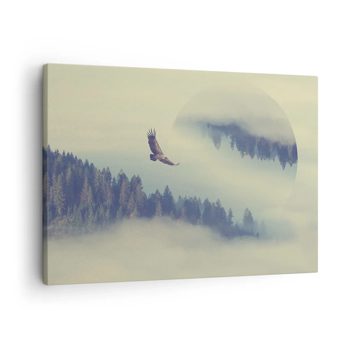 Cuadro sobre lienzo - Impresión de Imagen - Un águila en vuelo con un telón de fondo de montañas brumosas con un motivo circular artístico. - 70x50cm - Vi la sombra de un águila - Decoración de pared moderna para salón y dormitorio ARTTOR