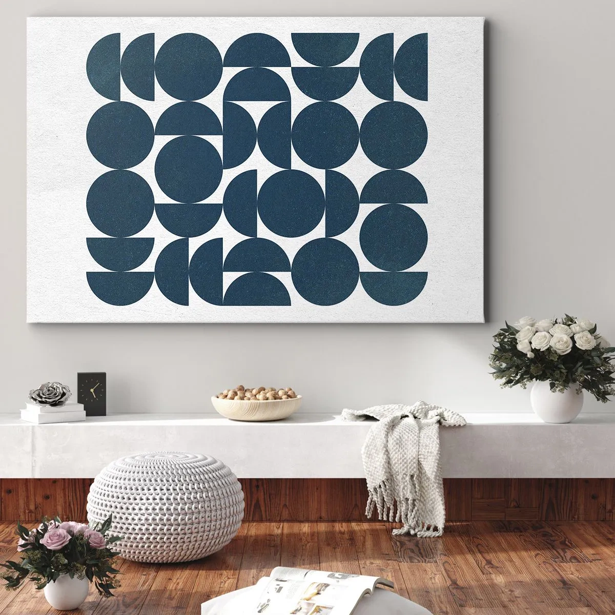 Cuadro sobre lienzo - Impresión de Imagen - Formas geométricas en tonos azul marino sobre fondo blanco. - 70x50cm - Círculos y semicírculos - Decoración de pared moderna para salón y dormitorio ARTTOR
