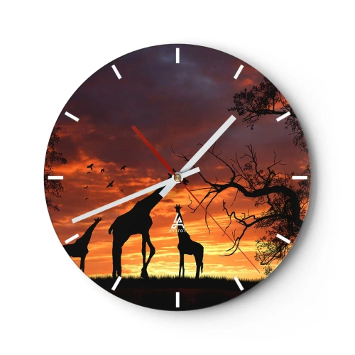 Reloj de pared - Reloj de vidrio - Siluetas de jirafas con el telón de fondo de una puesta de sol africana - 30x30cm - Una pequeña cena con tus seres queridos - Decoración de pared moderna para salón, cocina y dormitorio ARTTOR