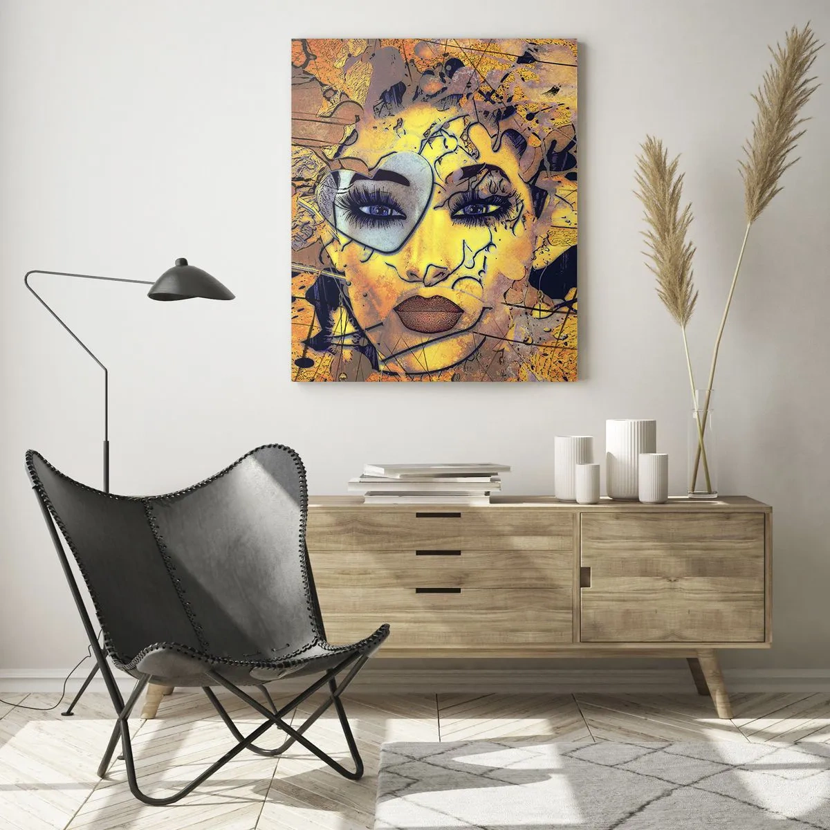 Cuadro sobre vidrio - Impresiones sobre Vidrio - Retrato abstracto de una mujer en tonos amarillo dorado. - 70x100cm - La belleza del sol - Decoración de pared moderna para salón y dormitorio ARTTOR