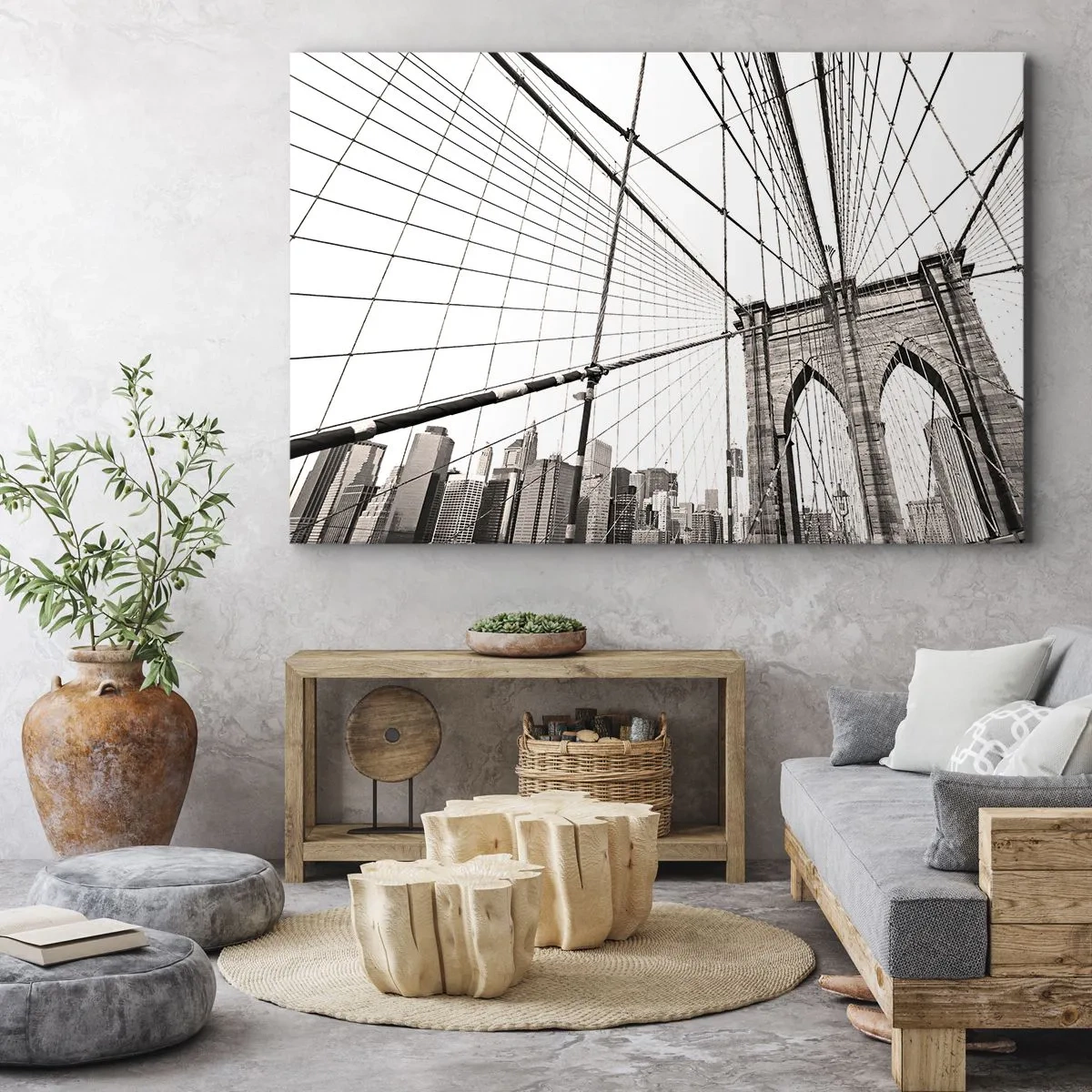 Cuadro sobre lienzo - Impresión de Imagen - El puente de Brooklyn en monocromo - 120x80cm - Catedral de Nueva York - Decoración de pared moderna para salón y dormitorio ARTTOR