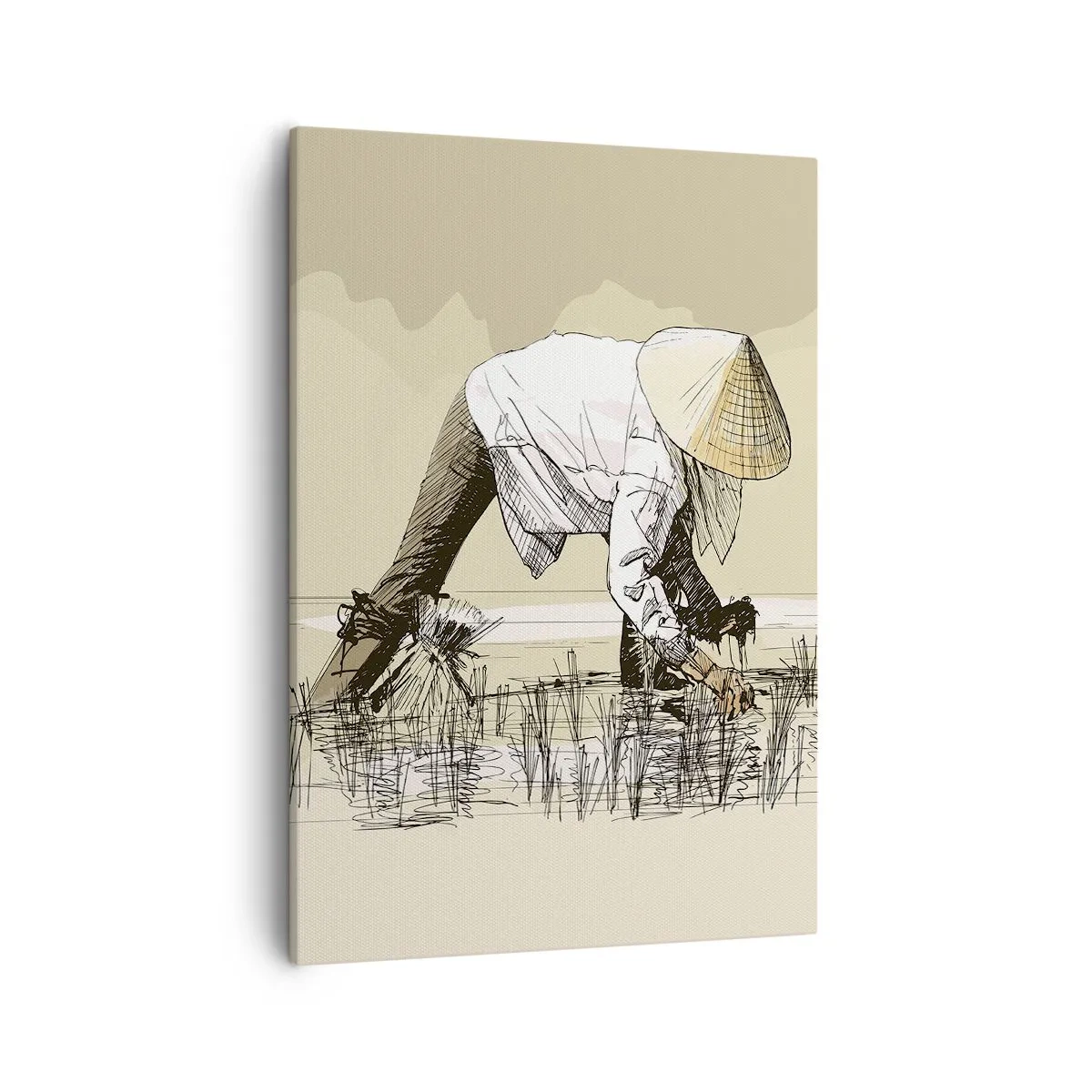 Cuadro sobre lienzo - Impresión de Imagen - Agricultores trabajando en un campo de arroz con sombreros tradicionales - 50x70cm - De una cosecha exitosa - Decoración de pared moderna para salón y dormitorio ARTTOR
