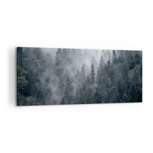 Cuadro sobre lienzo - Impresión de Imagen - Bosque de coníferas brumoso en tonos grises y verdes. - 120x50cm - Amanecer en el bosque - Decoración de pared moderna para salón y dormitorio ARTTOR