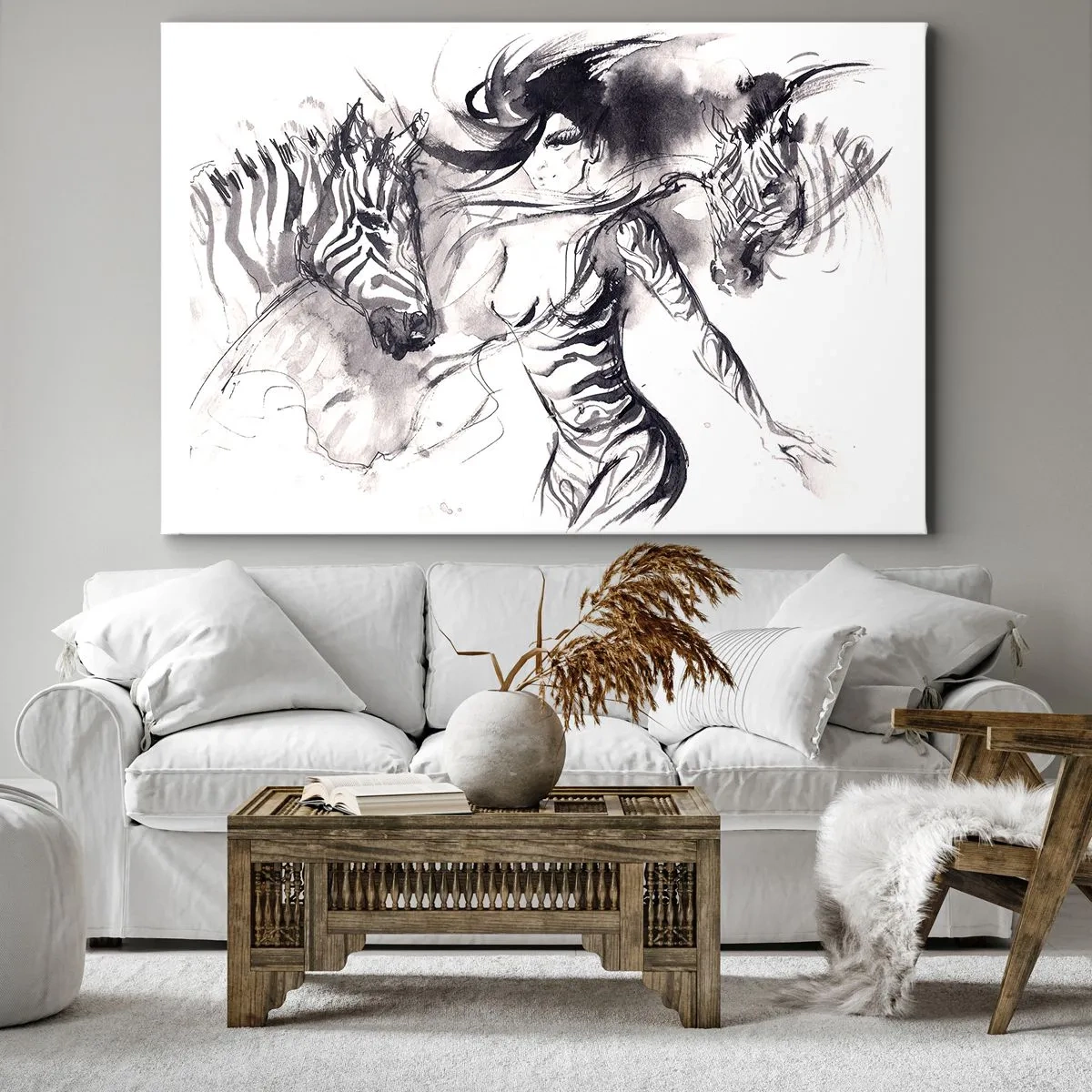 Cuadro sobre lienzo - Impresión de Imagen - Una mujer en una danza dinámica con cebras en una estética en blanco y negro. - 70x50cm - Bailando con las cebras - Decoración de pared moderna para salón y dormitorio ARTTOR