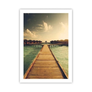 Póster - Muelle de madera que conduce a las casas de agua al atardecer - 50x70cm - Una cálida invitación - Decoración de pared moderna para salón y dormitorio ARTTOR