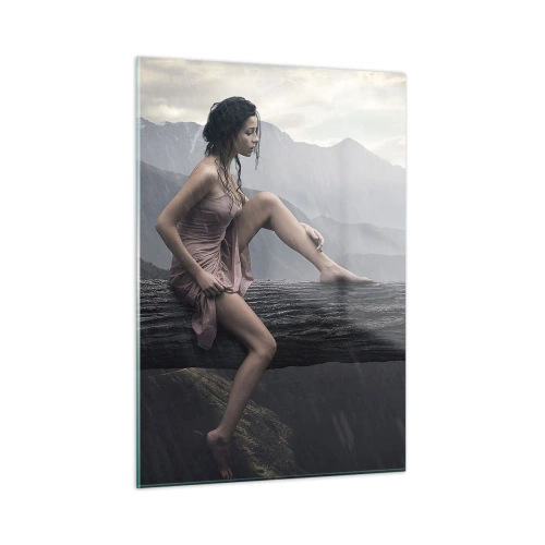 Cuadro sobre vidrio - Impresiones sobre Vidrio - Una mujer y un gato en un tronco de madera en un paisaje lluvioso. - 50x70cm - Picos de belleza - Decoración de pared moderna para salón y dormitorio ARTTOR