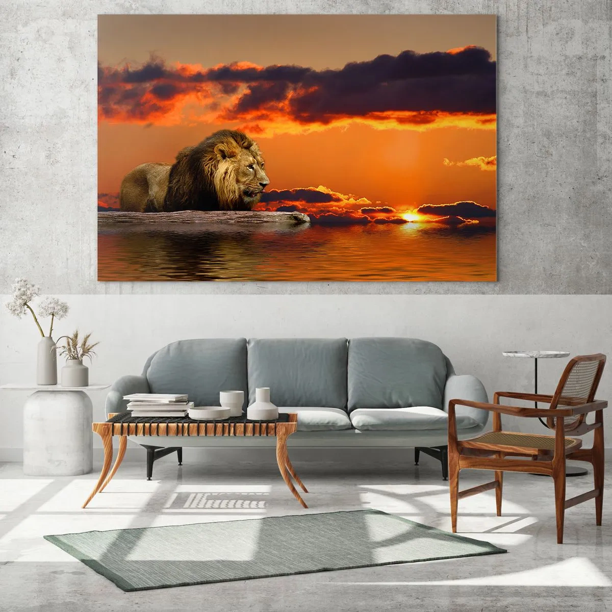 Cuadro sobre vidrio - Impresiones sobre Vidrio - Un león con el sol poniente como telón de fondo - 70x50cm - Rey de la naturaleza - Decoración de pared moderna para salón y dormitorio ARTTOR