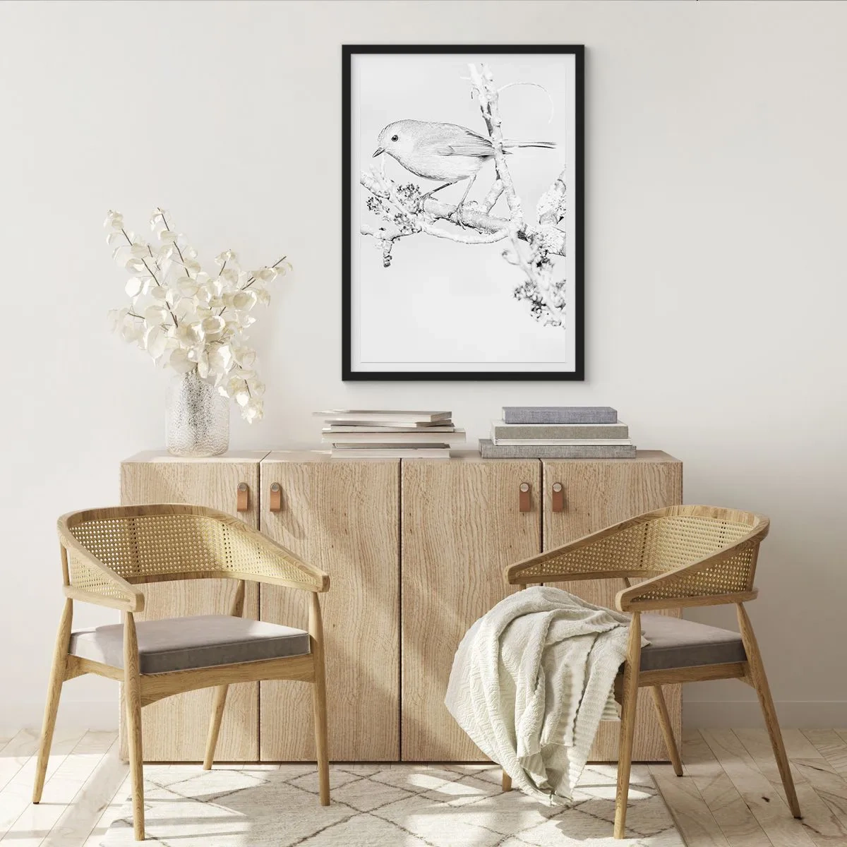 Póster en marco negro - Dibujo en blanco y negro de un pájaro en una rama. - 50x70cm - Mañana de invierno - Decoración de pared moderna para salón y dormitorio ARTTOR