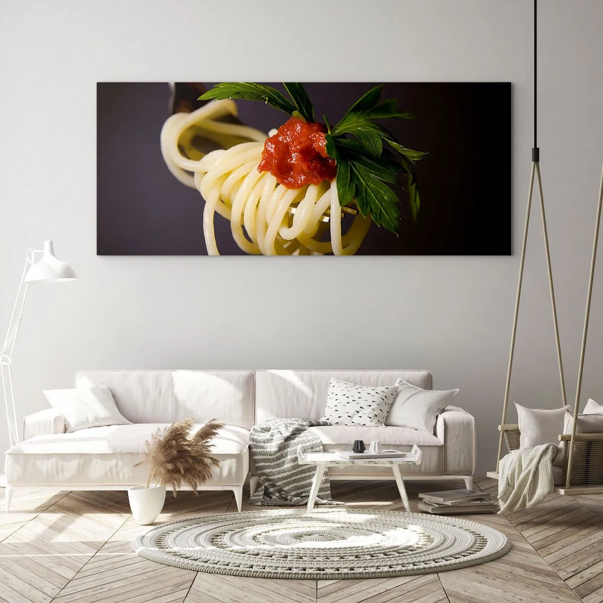 Cuadro sobre vidrio - Impresiones sobre Vidrio - Pasta espaguetis al tenedor con salsa de tomate y perejil - 160x50cm - Un sabroso bocado - Decoración de pared moderna para salón y dormitorio ARTTOR