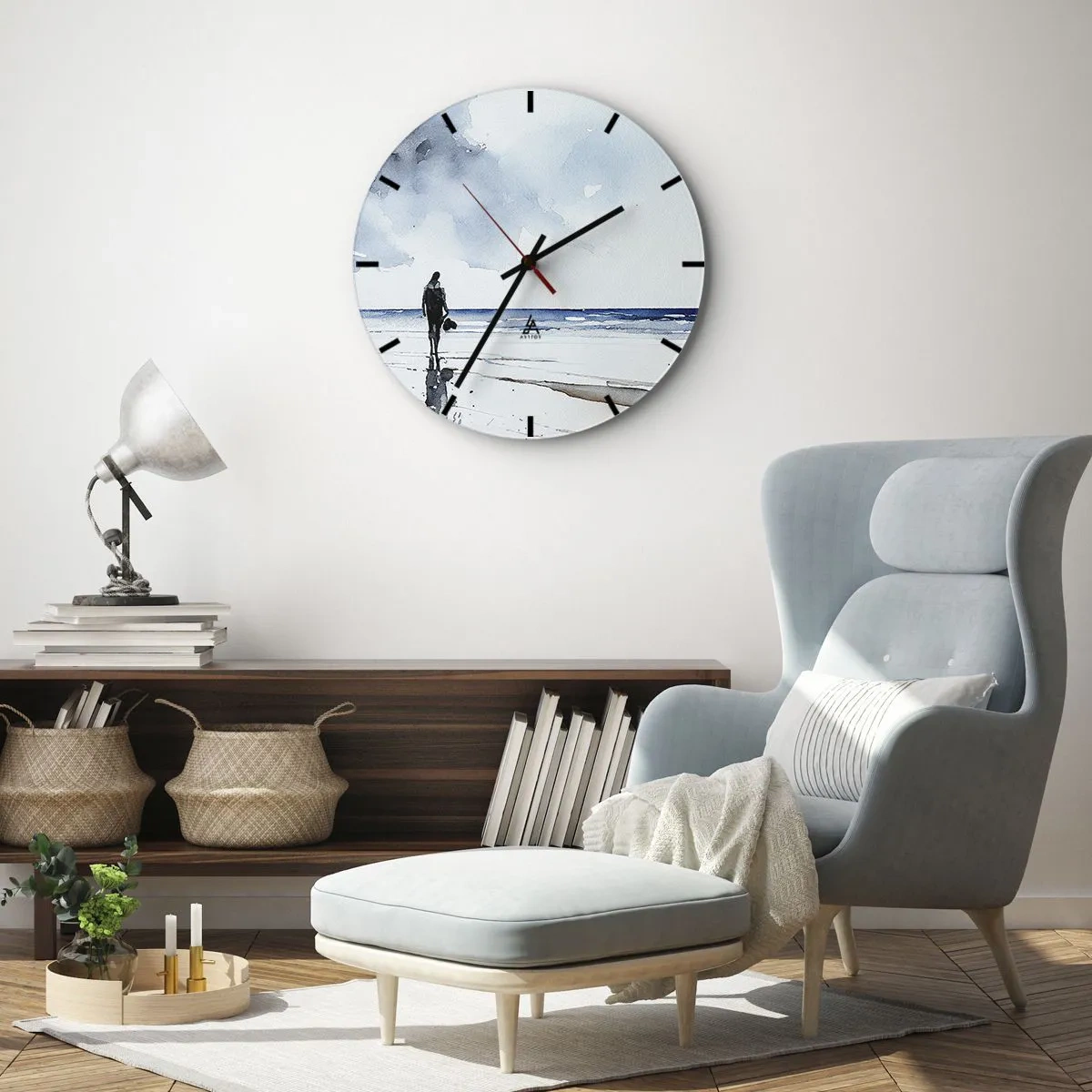 Reloj de pared - Reloj de vidrio - Una figura en la playa mirando al mar. - 30x30cm - Conversación con el mar - Decoración de pared moderna para salón, cocina y dormitorio ARTTOR
