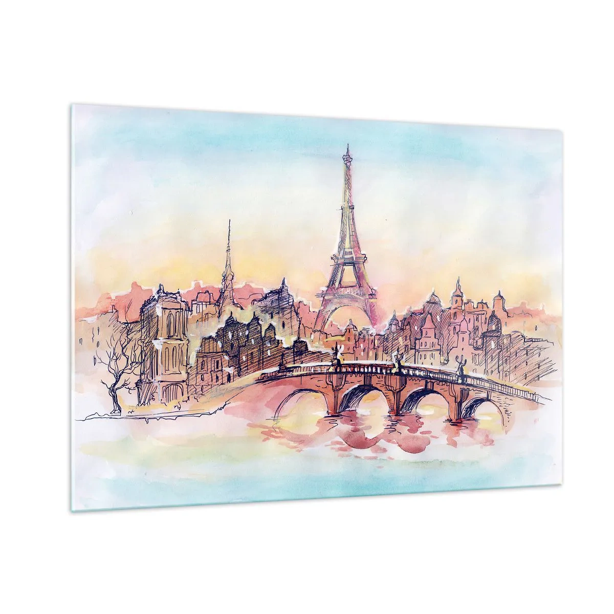 Cuadro sobre vidrio - Impresiones sobre Vidrio - Un panorama de París con la Torre Eiffel en un delicado estilo de acuarela. - 100x70cm - Única en el mundo - Decoración de pared moderna para salón y dormitorio ARTTOR