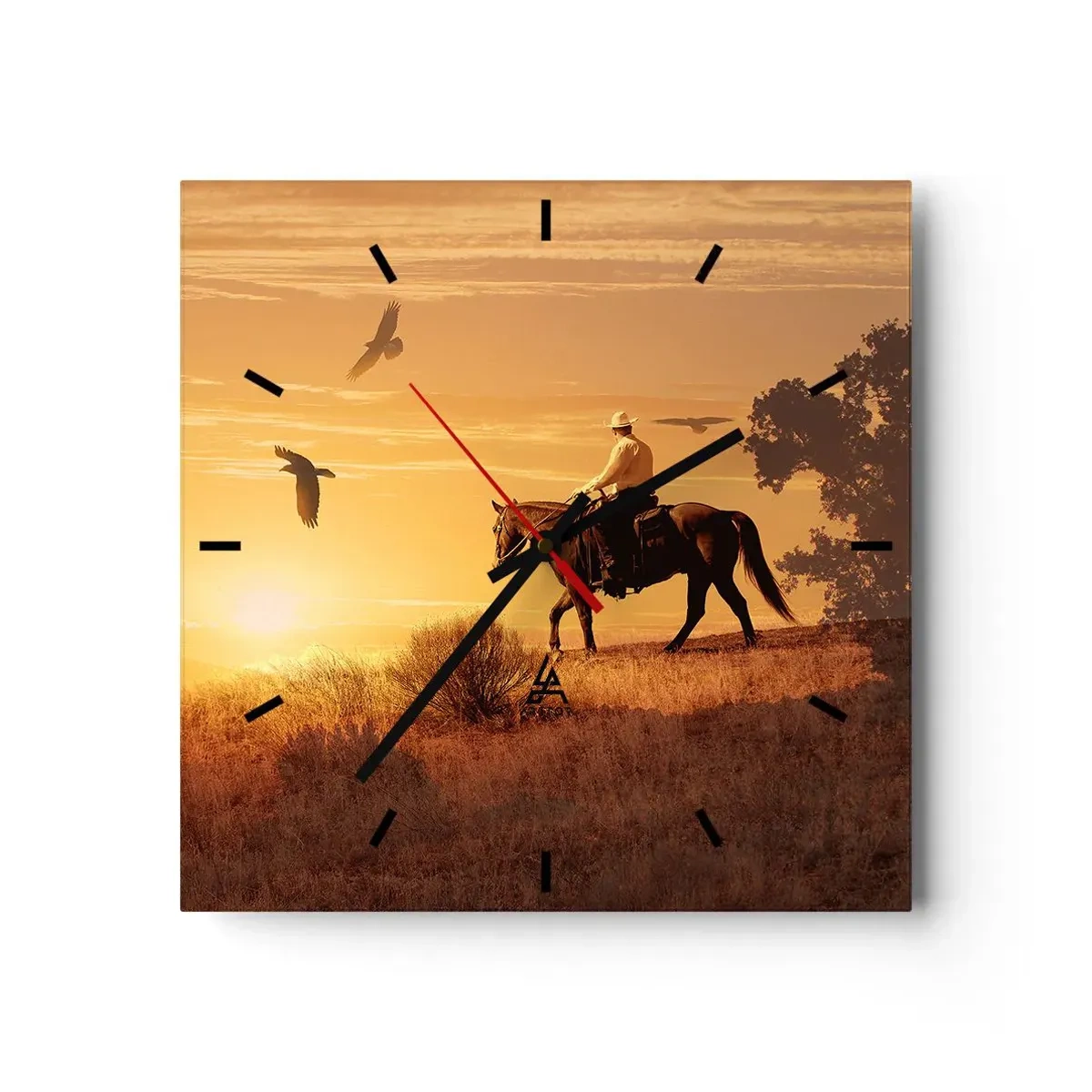 Reloj de pared - Reloj de vidrio - Un jinete a caballo al atardecer contra la pradera. - 30x30cm - Solo a través de la pradera - Decoración de pared moderna para salón y dormitorio ARTTOR
