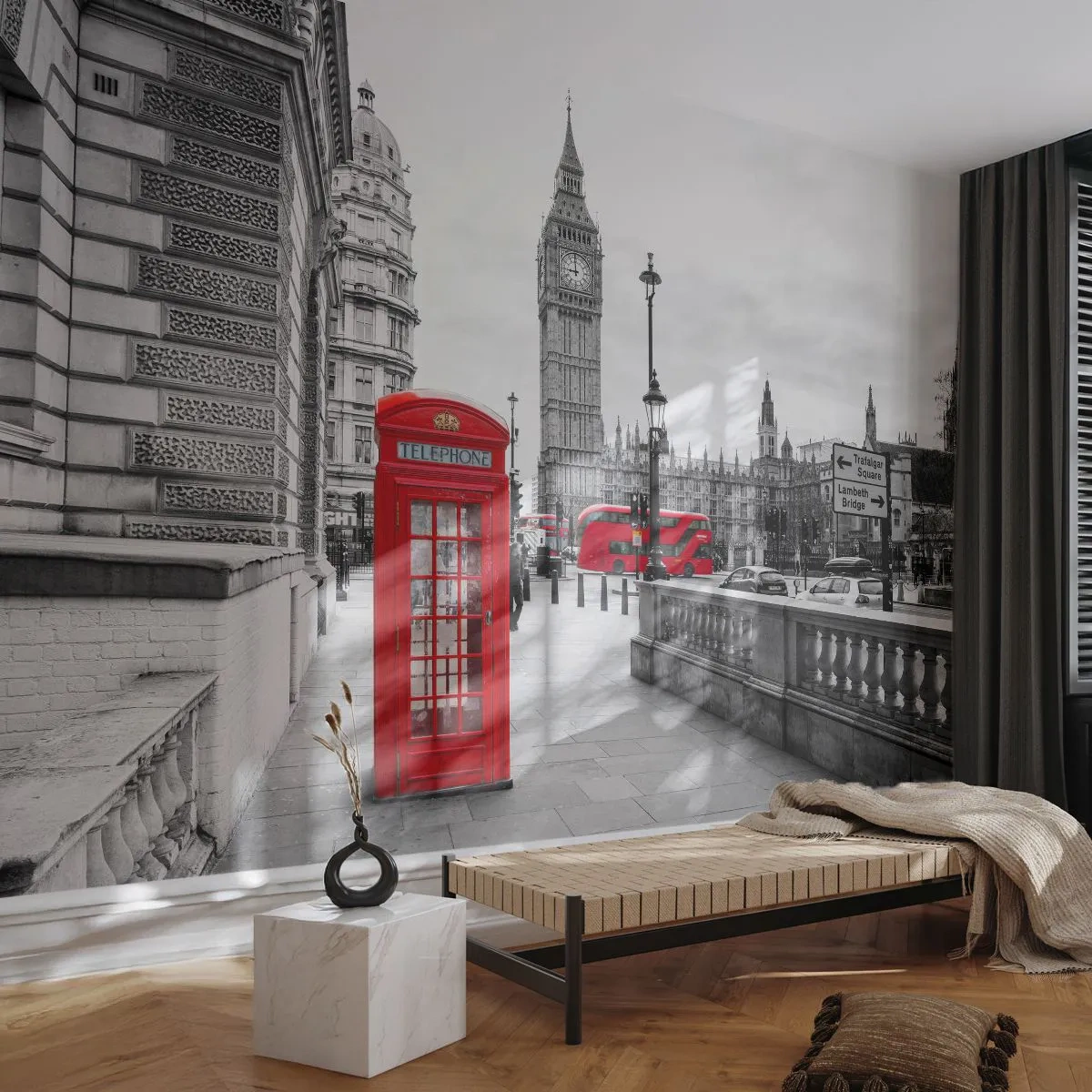 Fotomural Premium Sand - Cabinas telefónicas rojas y el Big Ben en Londres - 100x70cm - Sin duda, Londres - Decoración de pared moderna para salón y dormitorio ARTTOR