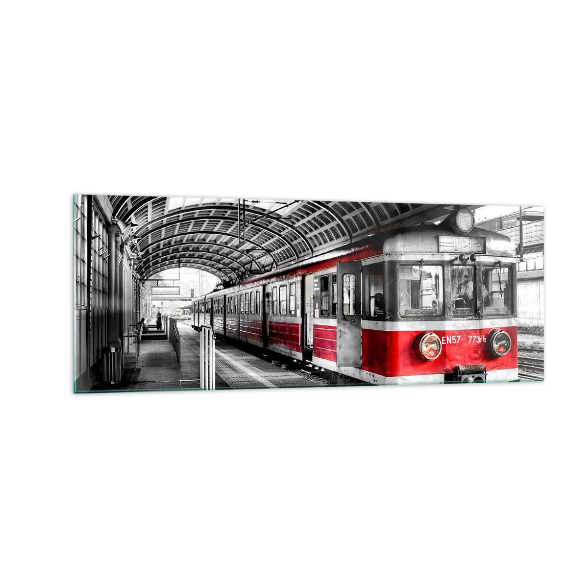 Cuadro sobre vidrio - Impresiones sobre Vidrio - Tren rojo en la estación bajo techo. - 140x50cm - ¿El viaje de su vida? - Decoración de pared moderna para salón y dormitorio ARTTOR