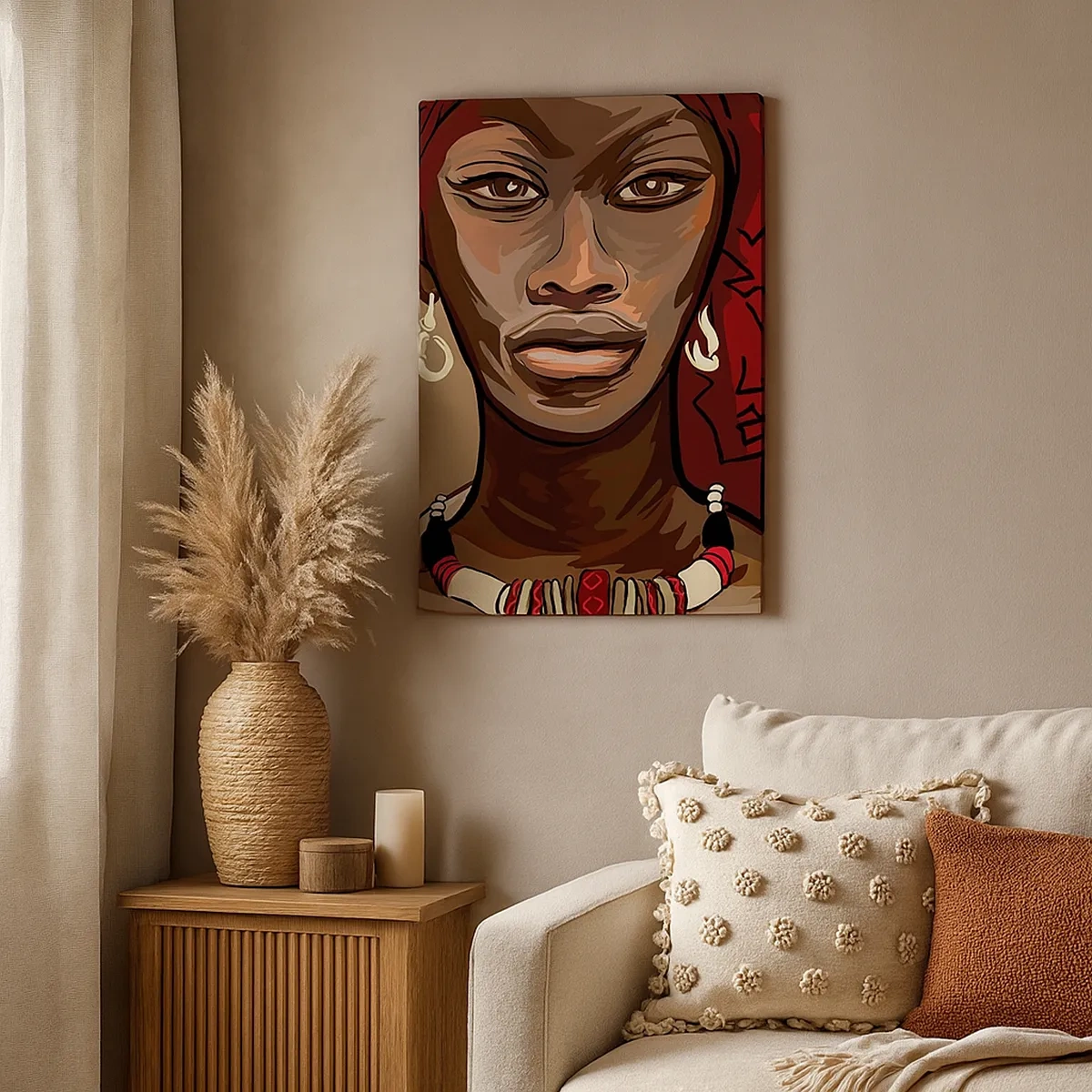 Cuadro sobre lienzo - Impresión de Imagen - Retrato de una mujer con un turbante rojo sobre un fondo beige - 50x70cm - Venus de ébano - Decoración de pared moderna para salón y dormitorio ARTTOR