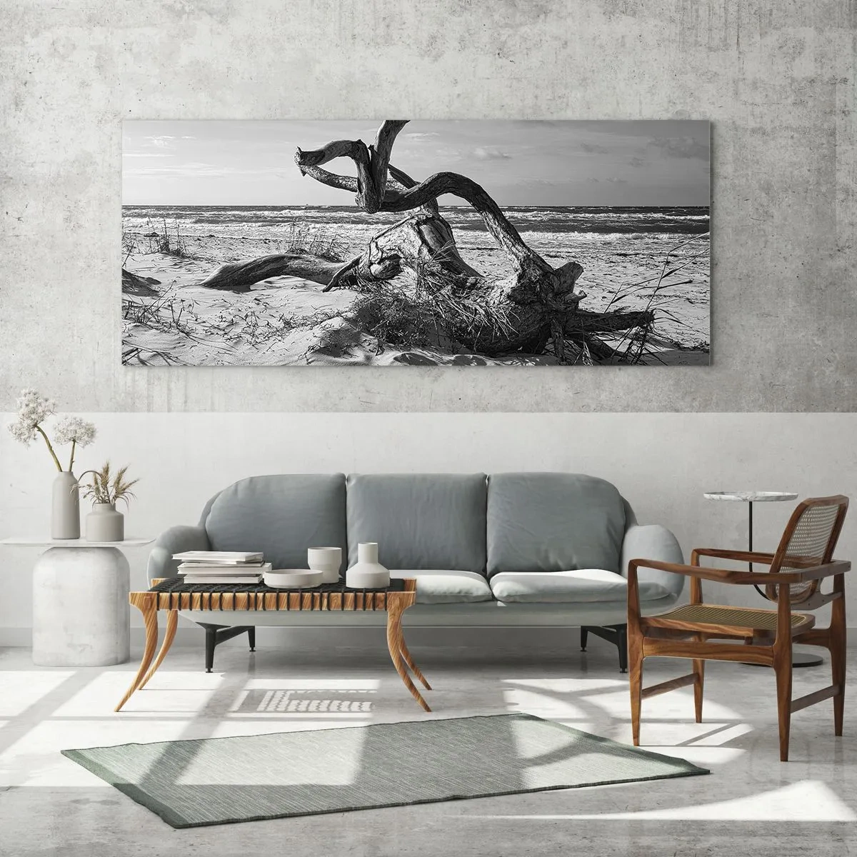Cuadro sobre vidrio - Impresiones sobre Vidrio - Paisaje en blanco y negro con un árbol muerto en la playa. - 120x50cm - Escultura marina - Decoración de pared moderna para salón y dormitorio ARTTOR