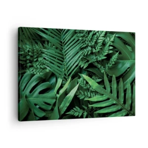 Cuadro sobre lienzo - Impresión de Imagen - Hojas tropicales verdes en una composición densa y natural. - 70x50cm - Abrazo verde - Decoración de pared moderna para salón y dormitorio ARTTOR